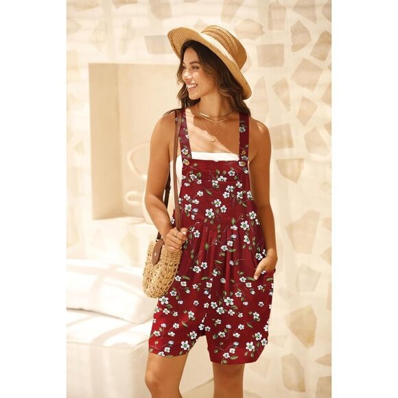 Womens wine Red Daffodil Wide Leg Shorts Overalls Adjustable Strap Bib Jumpsuit - Picture 6 of 6